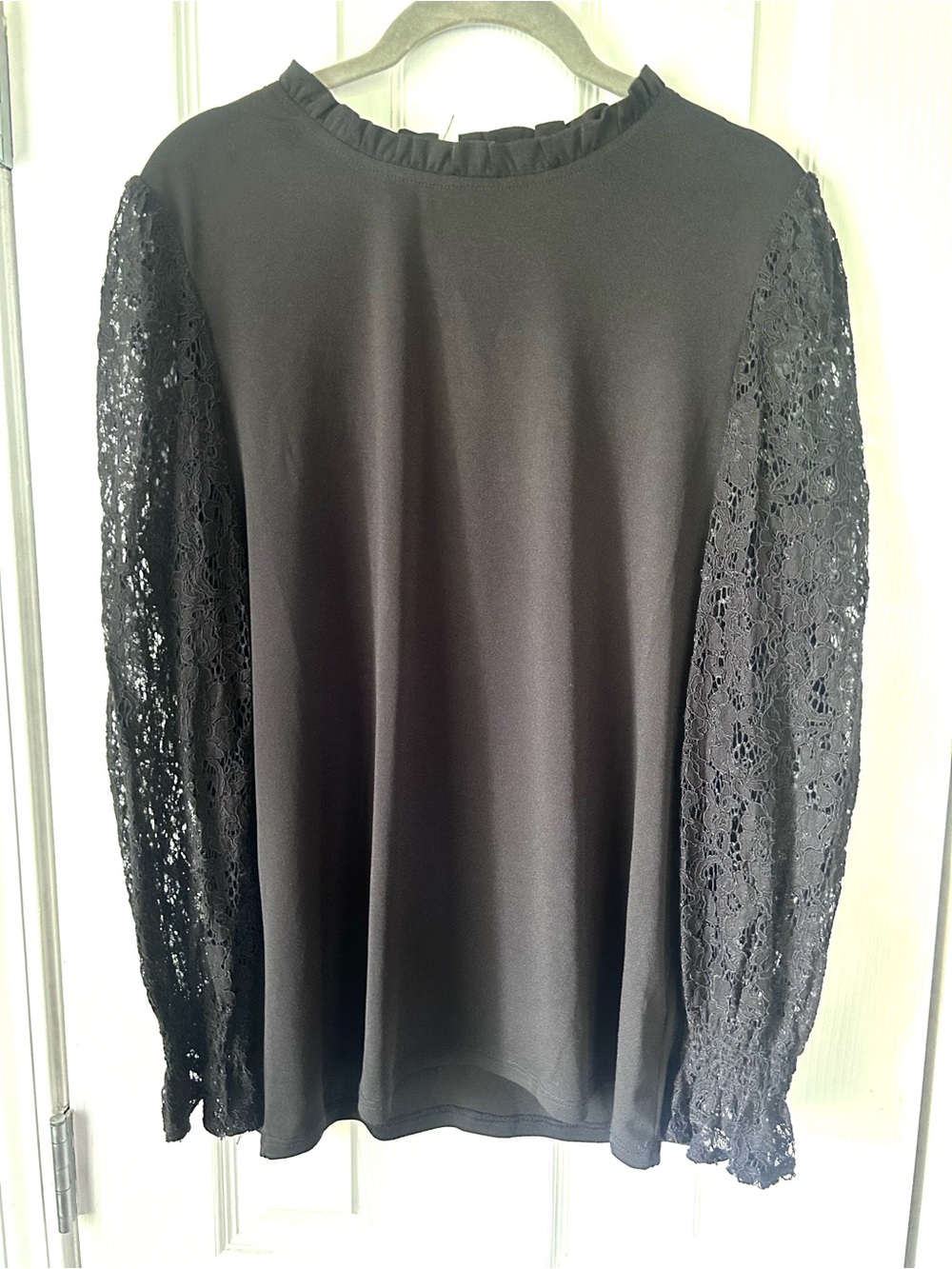 Adrianna Papell Black Lace Sleeve Ruffle Neck Blouse Size Large